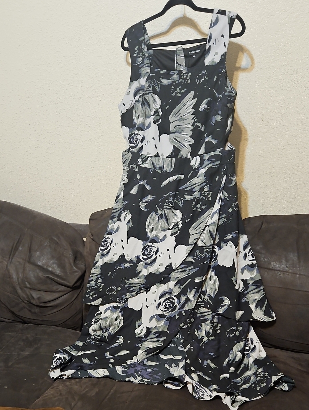 Black & White And Gray Tiered Floral Maxi Dress With Side Cut Outs